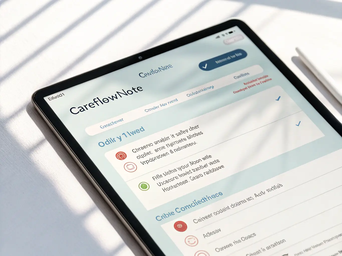 A screenshot of the Careflownote app on a tablet, displaying the daily task list feature for CNAs, with options to mark tasks as complete and add notes.
