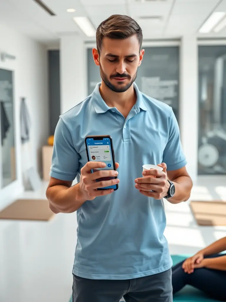 A physical therapist using Careflownote on their smartphone to log a therapy session with a patient in a clinic.