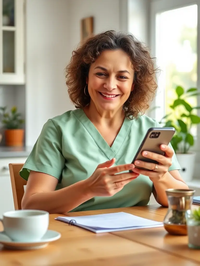 A home health aide using Careflownote to update patient records remotely, emphasizing the app's accessibility and secure data handling.