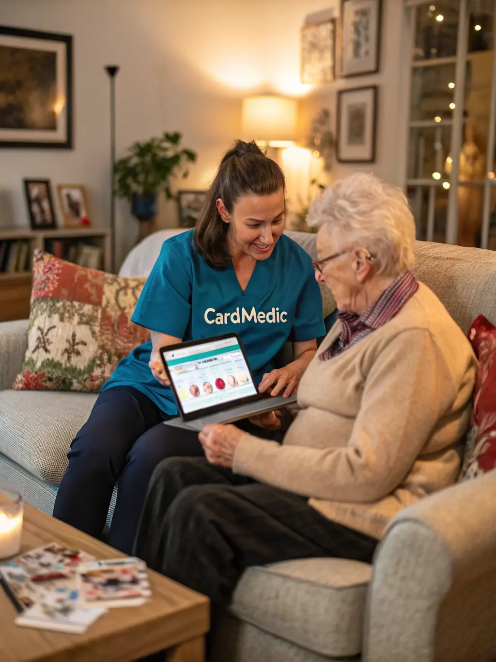 A home health aide using Careflownote to access and share home exercise instructions with a patient.