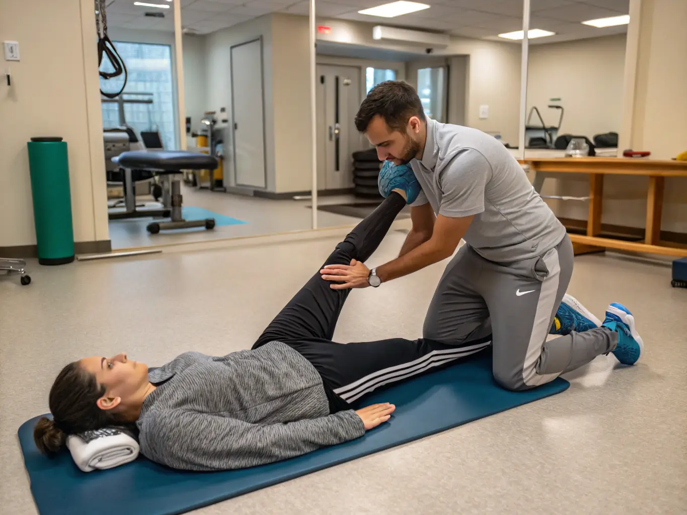 A Physical Therapist (PT) using Careflownote to log a therapy session, with a patient performing exercises in the background of a modern rehabilitation center.