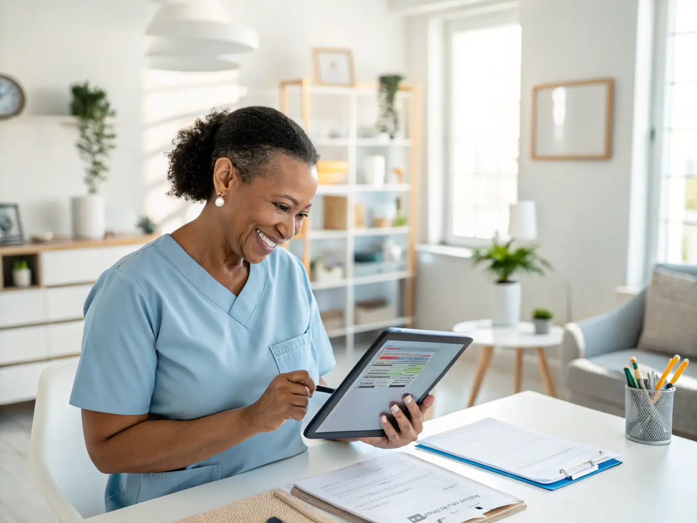 A home health aide using Careflownote to coordinate care plans and communicate with the healthcare team in a patient's home setting.