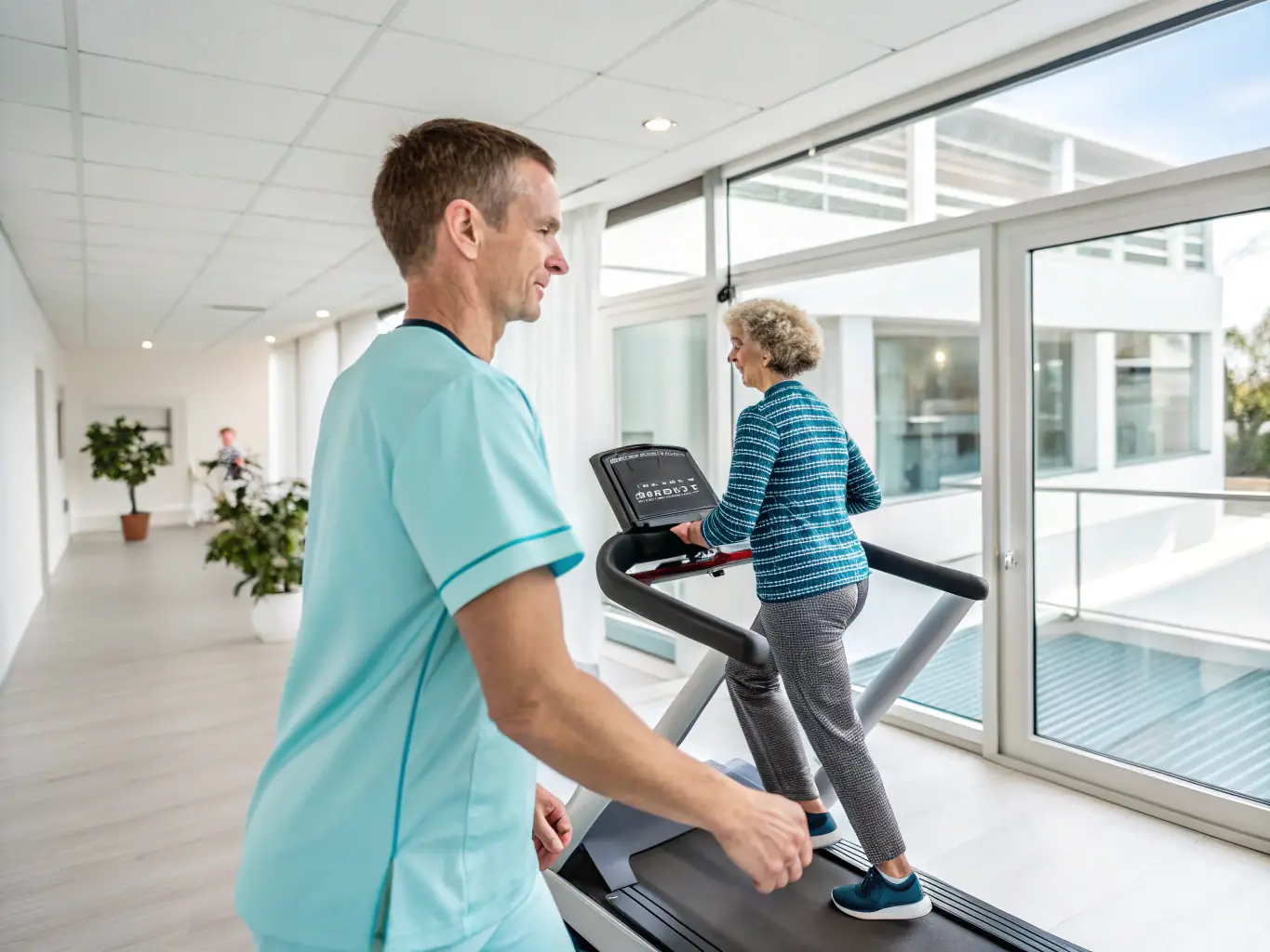 A physical therapist using Careflownote on their smartphone to track patient progress and update treatment plans in a rehabilitation center.