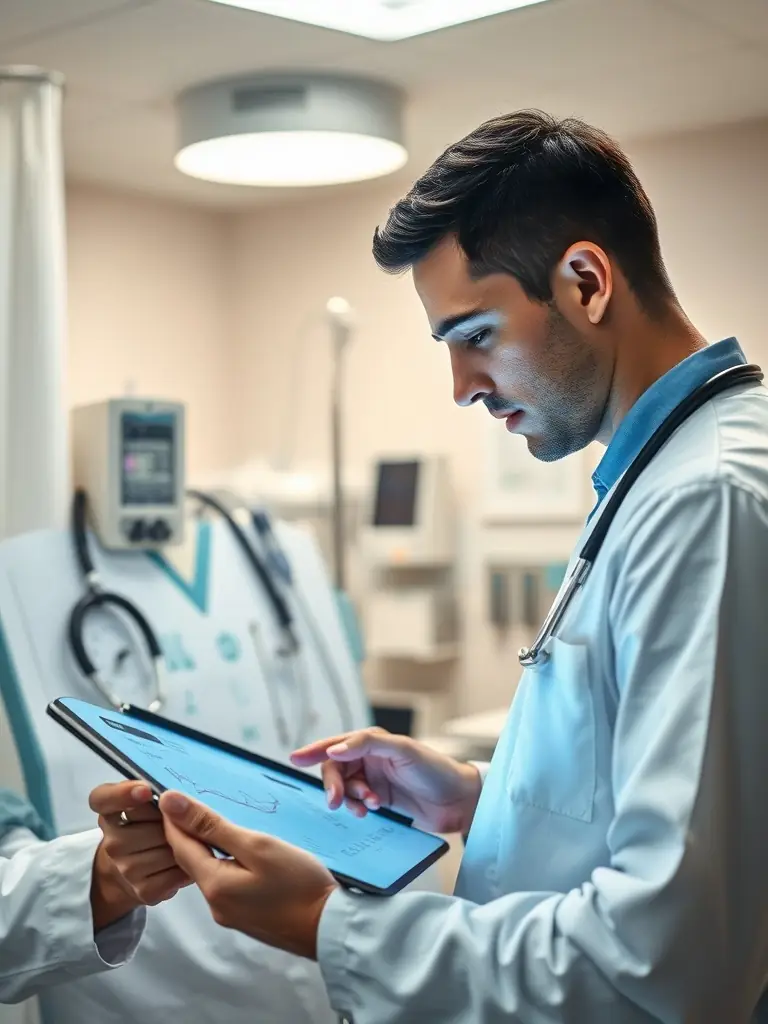 A CNA using Careflownote on a tablet to record a patient's vital signs, with a focus on the app's user-friendly interface and clear data entry fields.