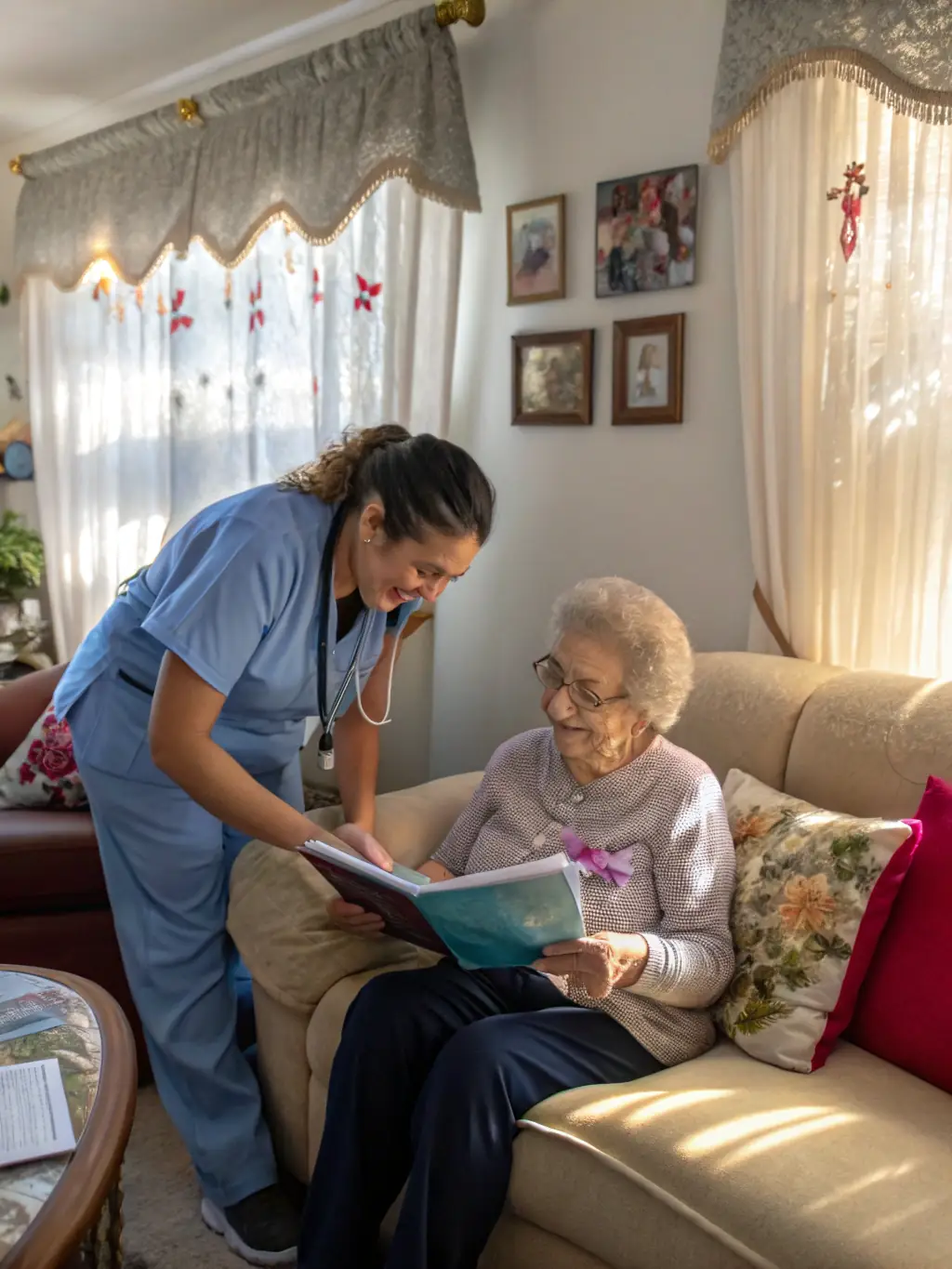 A CNA using Careflownote on a tablet to document patient care in a home setting, smiling and looking efficient.